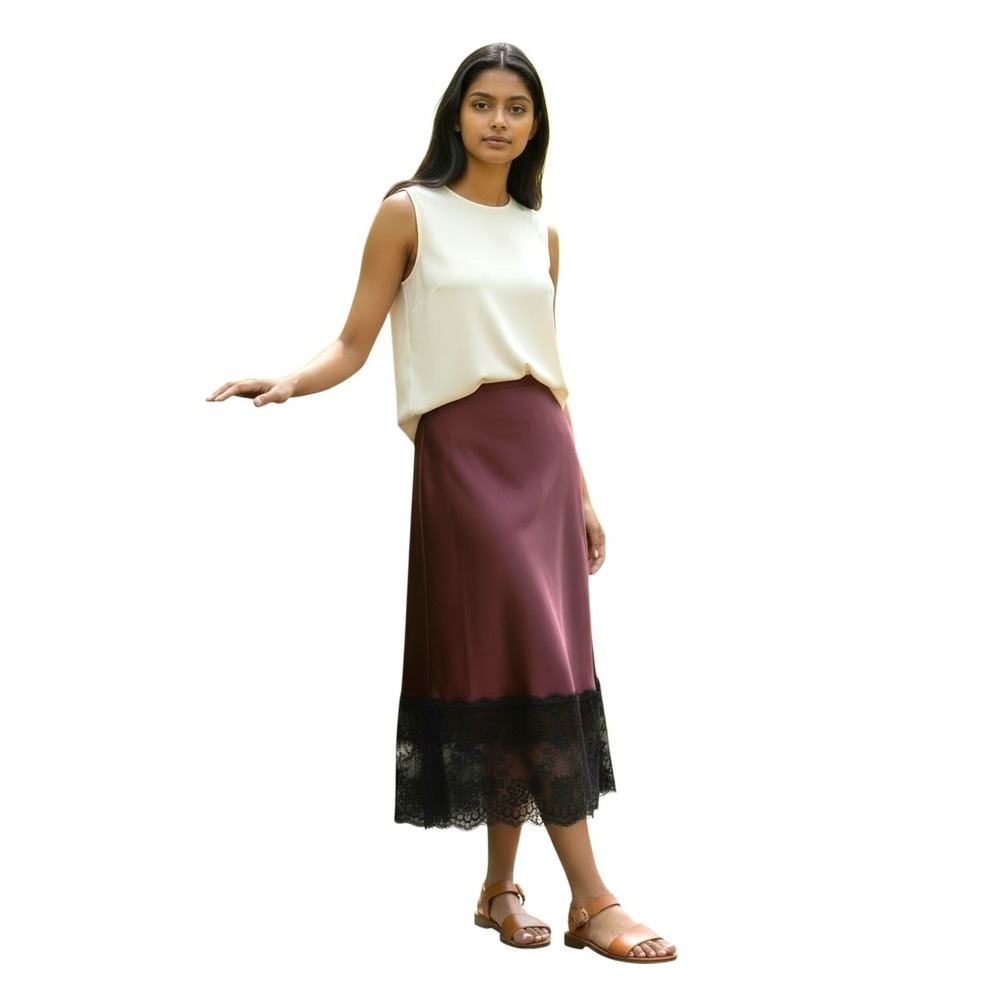 Wild Fable Burgundy Satin Slip Midi Skirt Black Lace‎ Trim Womens Small RN17730